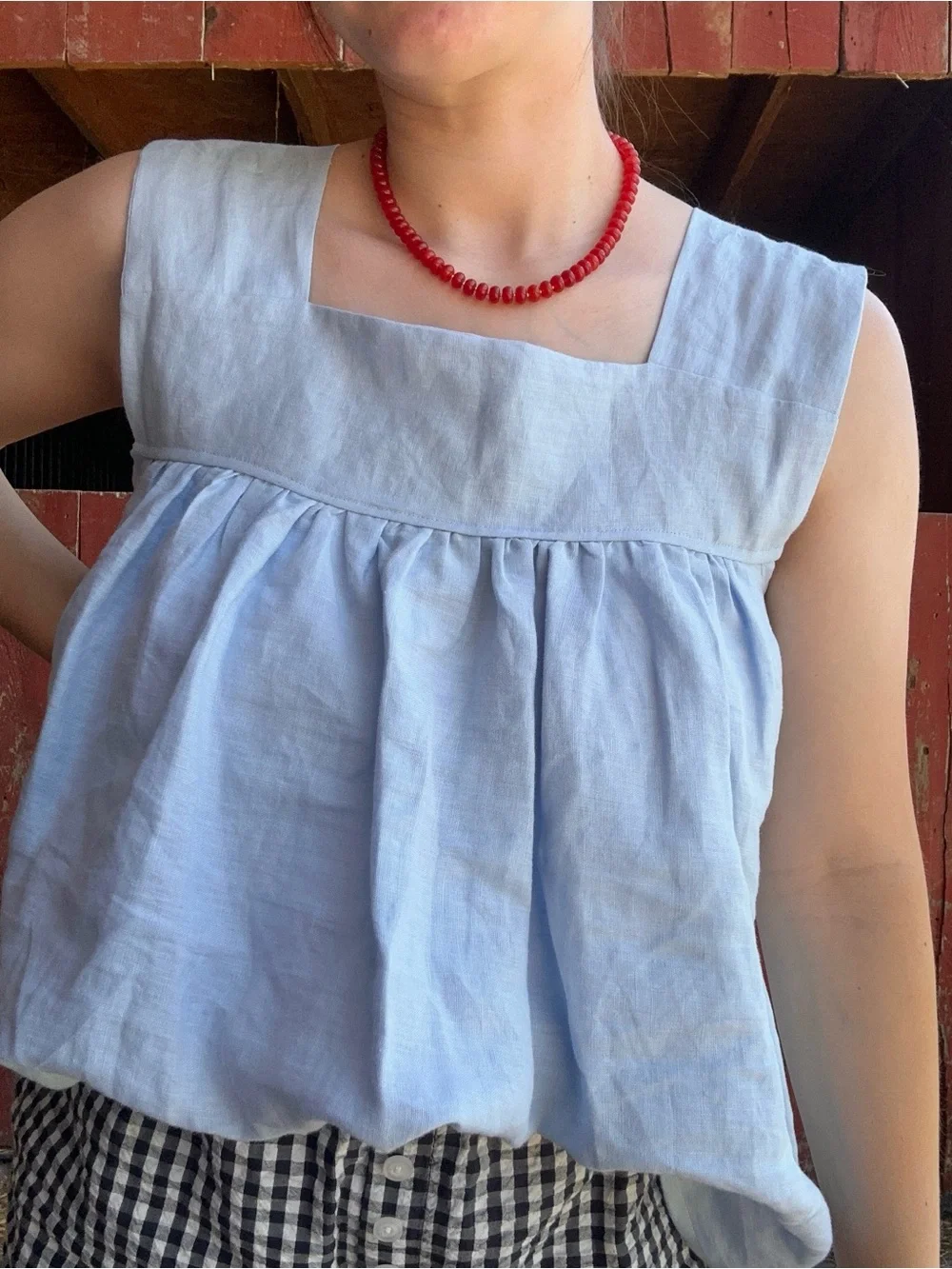 Light Blue Square-Neck Linen Tank Top